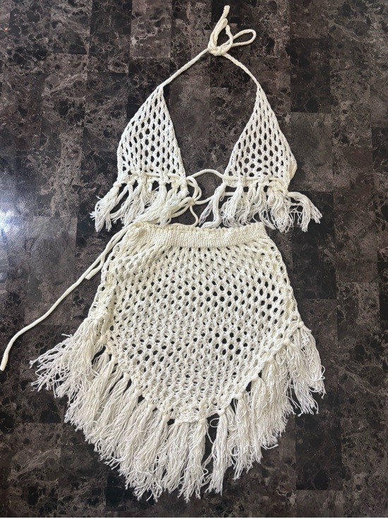 SHEIN Other - White Crochet Fringe Halter Top and Matching Skirt Set